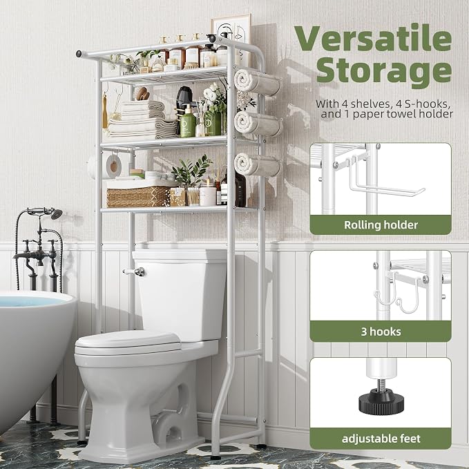 Simple Trending 3 Tier Over The Toilet Storage Rack, Metal Bathroom Shelf, Bathroom Stand Organizer Space Saver with Paper Holder and Hooks, White