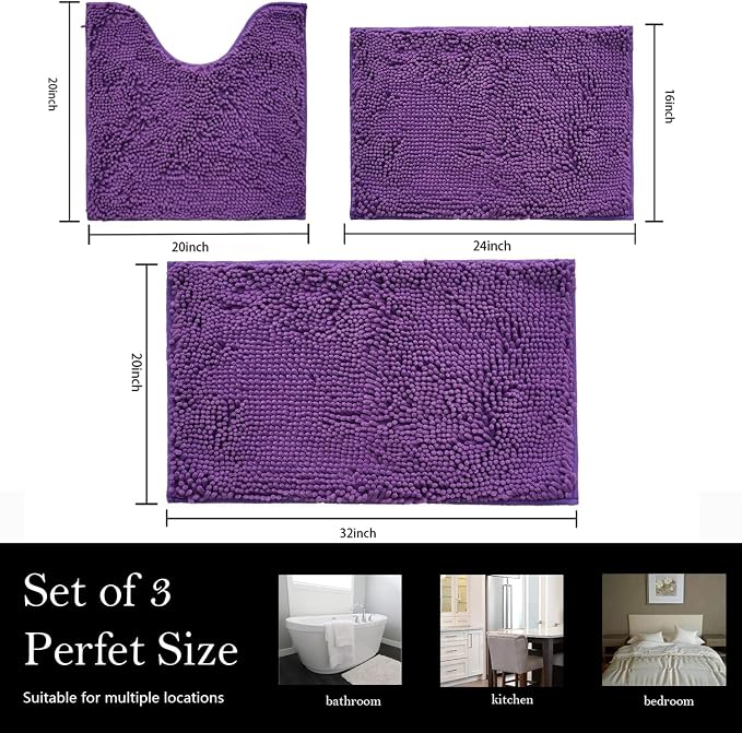 Bathroom Rugs Chenille Bath mat 3 Piece Set, Super Absorbent, Strong PVC Non Slip Backing, Bath mats for Bathroom, Plush Shaggy, Thick, Machine Washable, Bathtub, Shower, Toilet, Violet