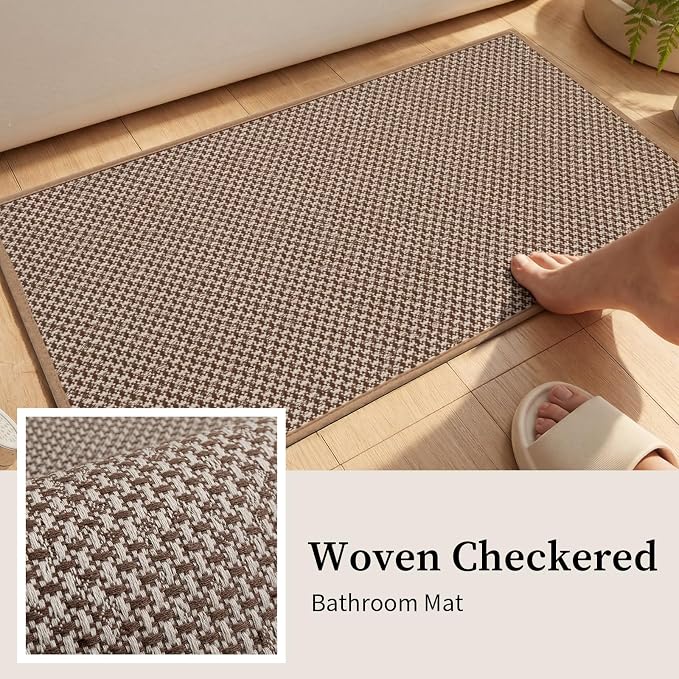 YIHOUSE Thin Bath Mat Khaki Bathroom Rugs Sets 3 Pieces, Non Slip Absorbent Bath Mats Quick Dry, Woven Braided Rugs Washable,Tapetes para Baño for Bathroom,Bathtub(17.5"x24"U+17"x24"+17"x47")