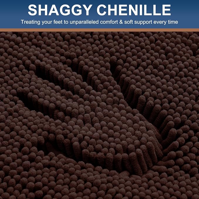 Smiry Chenille Bathroom Rugs Sets 2 Piece (59x20+24x16, Brown) | Soft Absorbent Machine Washable Non Slip Shaggy Bath Rug Set for Tub, Shower, and Floor, Home Decor