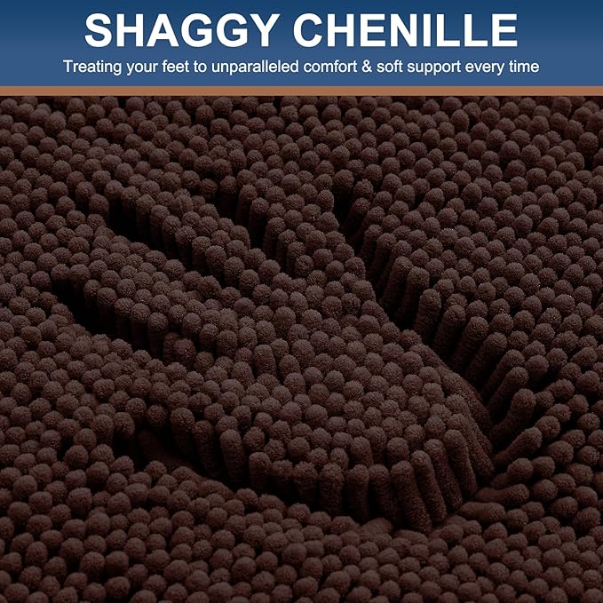 Smiry Chenille Bathroom Rugs Sets 2 Piece (47x17+24x16, Brown) | Soft Absorbent Machine Washable Non Slip Shaggy Bath Rug Set for Tub, Shower, and Floor, Home Decor