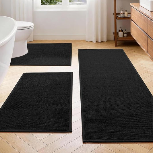 Black Bathroom Rugs Sets 3 Piece, Quick Dry Thin Bath Mat with Toilet Rug, Non Slip Absorbent Machine Washable, Bath Runner Rugs for Bathtub Sink Home Decor
