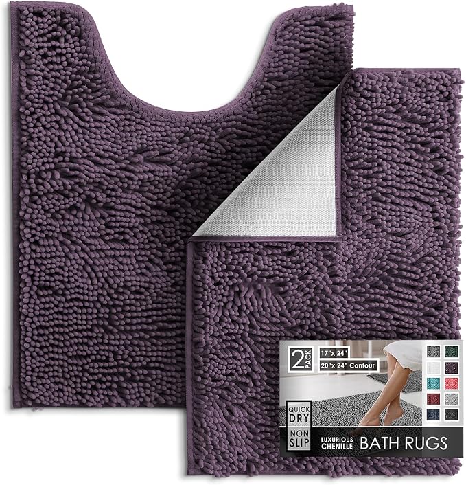 Hearth & Harbor Bathroom Rugs, Chenille Bath Mat - Machine Washable Bath Mats for Bathroom Non-Slip Backing Rubber, Quick Dry Bathroom Mat - Purple 17x24-20x24