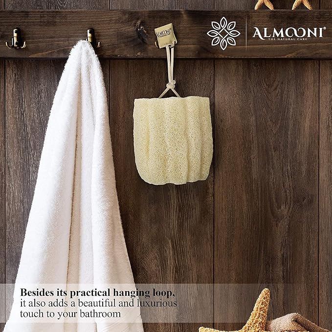 ALMOONI Natural Loofah Body Scrubber, Egyptian Loofah Sponge, 2 Count | Natural Egyptian Loofah Sponge, Round Shape Shower Sponge for Face & Body, Men & Women, Gentle Exfoliation, Large Size