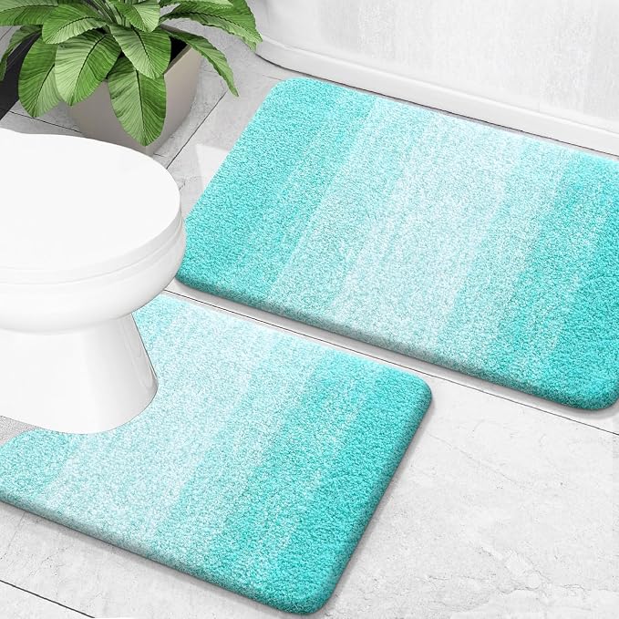 OLANLY Micorfiber Bathroom Rug Set 2 Piece, 30"x20"+U-Shaped 24"x20" | Teal, Soft Absorbent Bath Mats and Contour Toilet Rug, Non-Slip, Machine Wash Dry, Plush Shaggy Bath Mats for Bathroom