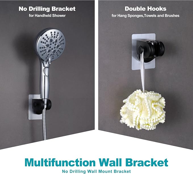 GwernKB Handheld Shower Head Holder with 2 Hanger Hooks,Strong Adhesive&Waterproof No Drilling Wall Mount Shower Bracket for RV and Kids&Elders,Install Any Height&Fix Firmly,Black