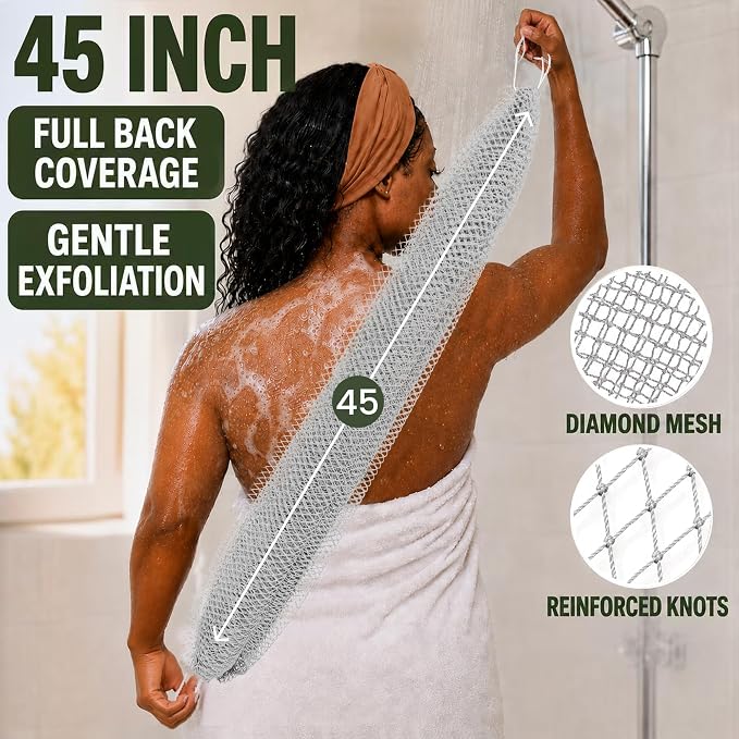 Authentic African Net Sponge, 2 Pack 45-Inch Exfoliating Bath Sponge and Shower Loofah for Body and Back, Colorfast Quick-Dry Knotted Mesh Scrubber with Travel Pouch (Gray & Rust Red)