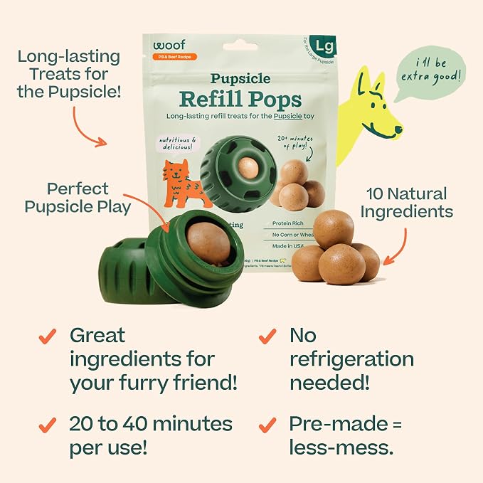 WOOF Pupsicle Peanut Butter & Beef Refill Pops Dog Treats, Large, 2 Pack | For large Pupsicles, 14 total treats, peanut butter & beef flavor, long-lasting treats, pre-made Pops, shelf stable