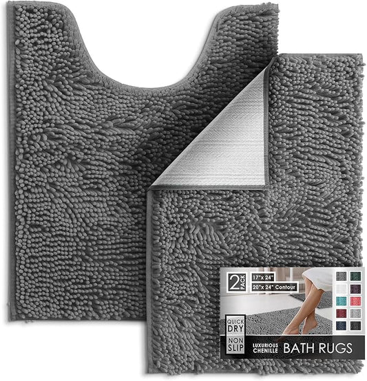 Hearth & Harbor Bathroom Rugs, Chenille Bath Mat - Machine Washable Bath Mats for Bathroom Non-Slip Backing Rubber, Quick Dry Bathroom Mat - Grey 17x24-20x24
