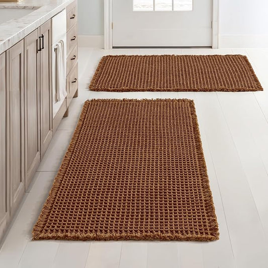 MIULEE Set of 2 Waffle Bathroom Rugs Boho Bath Mat Caramel 20x32 Inch | Non Slip, Super Absorbent, Washable, Ultra Soft, Rubber Backed Bath Rugs for Bathroom Floor Tub Shower