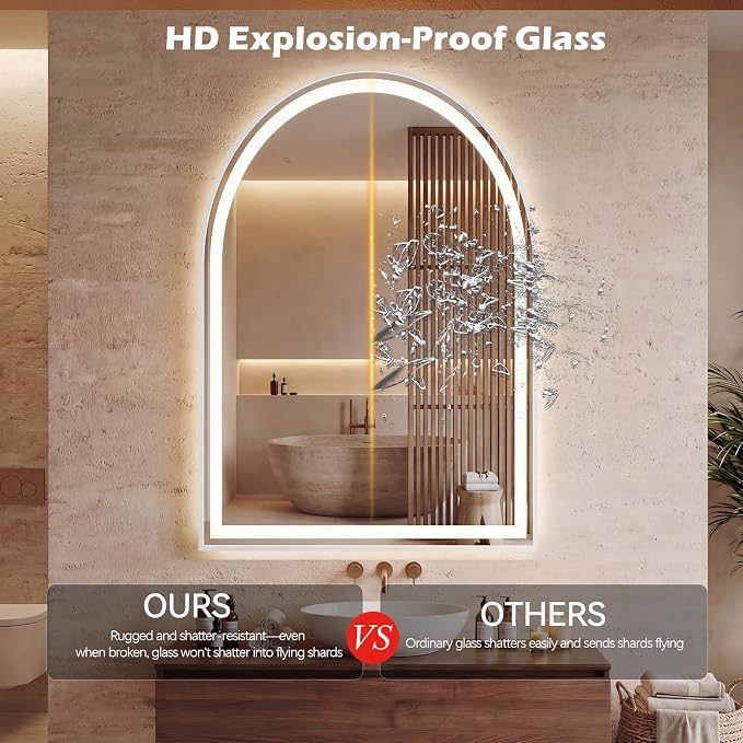 DUMOS 28"x36" LED Bathroom Mirror with Lights, Arched Vanity Mirror | Anti-Fog, Dimmable, 3-Color Light, Memory Function, Front Light and Backlit, Tempered Glass