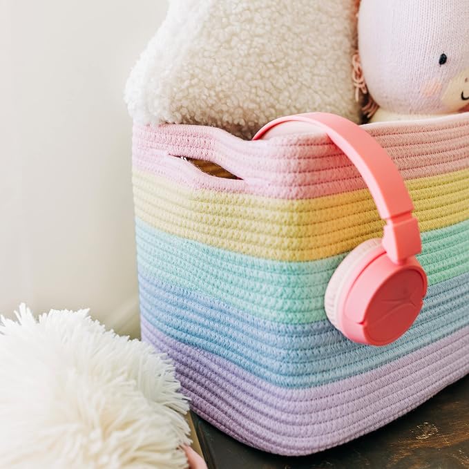 OrganiHaus Pastel Rainbow Cotton Rope Baskets for Shelves, Set of 3 - 15"×10"×9½" - Colorful Storage Baskets for Kids - Nursery, Playroom, Classroom - Toy Storage, Books, Towels