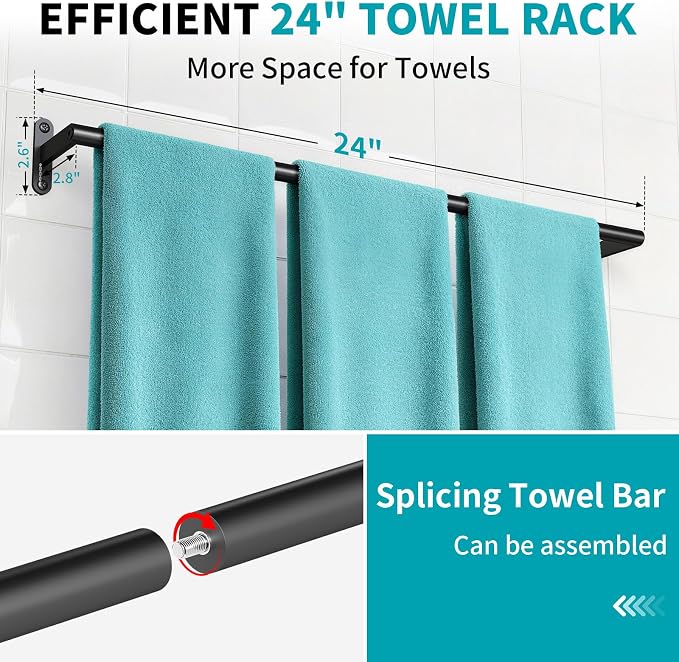 2-Pack Matte Black Bathroom Towel Bar, 24-Inch Towel Racks for Bathroom Wall Mounted, Heavy Duty Towel Rod Holder Mordern Home Decor