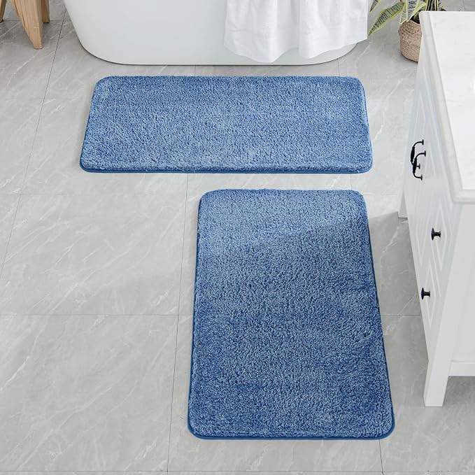 MIULEE Blue Bathroom Rugs Set 2 Piece Soft Runner Bath Mats 24x44 Inch | Soft Absorbent Microfiber Bath Rugs, Non Slip, Quick Dry, Fluffy Bath Rugs for Bathroom Floor Tub Showers, Machine Washable