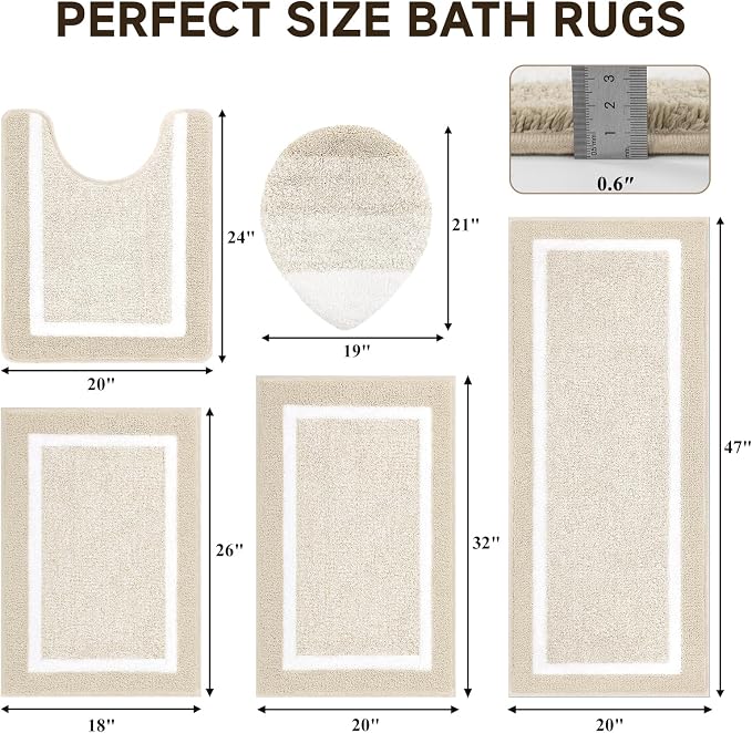 Pauwer Bathroom Rugs Sets 5 Piece, Microfiber Bath Mats, Light Beige | Non Slip Washable U Shaped Toilet Rug, Long Shower Runner, Toilet Lid Cover, Quick Dry Absorbent Plush Floor Carpet