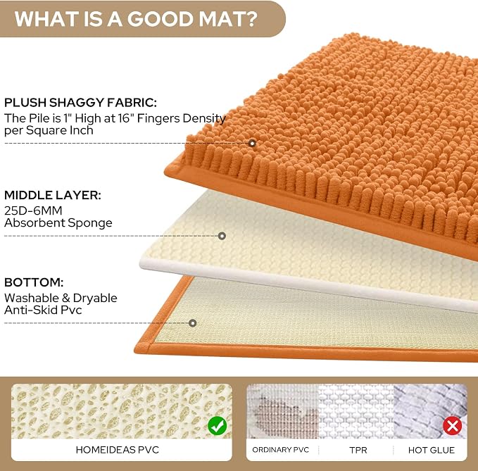 HOMEIDEAS Orange Chenille Bathroom Rugs Set of 3, Non Slip Bath Mat | Super Absorbent, Soft Microfiber, Machine Washable, Stain Resistant, for Bathroom Decor