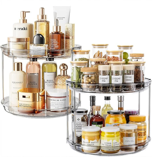 LAMU 2 Pack 2 Tier Lazy Susan Turntable Organizer 10.6'' Rotating Spice Rack Organization for Cabinet, Kitchen, Pantry, Countertop, Bathroom, Vanity, Medicine Cabinet Organizer, Grey