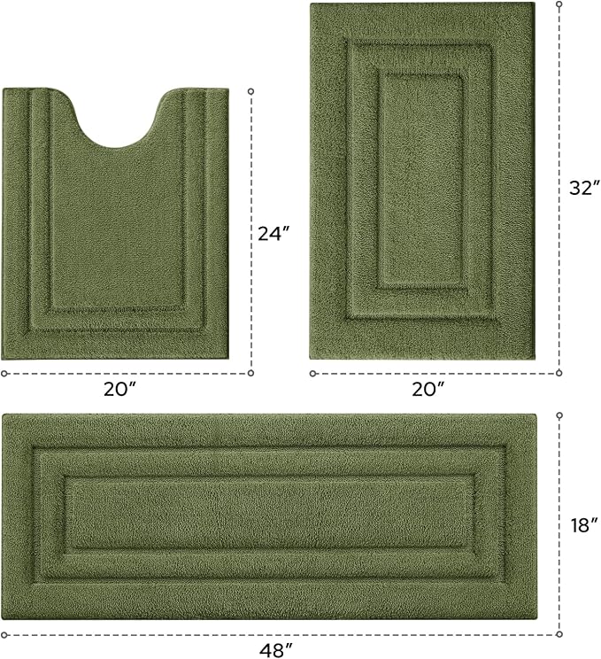 HOMEIDEAS Olive Green Bathroom Rugs Set of 3, Non Slip Bath Runners | Super Absorbent, Plush Microfiber, Machine Washable, Stain Resistant, Easy Care, Perfect for Modern Bathroom Decor