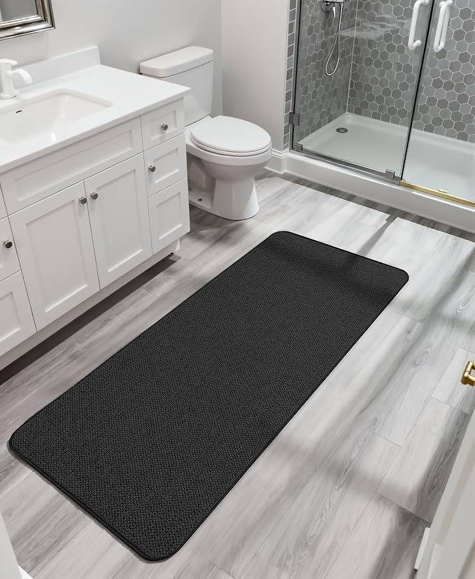 Bosap Bath Mat,Ultra Thin Bathroom Runner Rugs,Large Bath Mats for Bathroom,Quick Dry,Non-Slip,Machine Washable,Low Pile,Bath Rug,Shower Outside,Sink,Home Decor Accessories.Black,3'x4'(36x48inch)