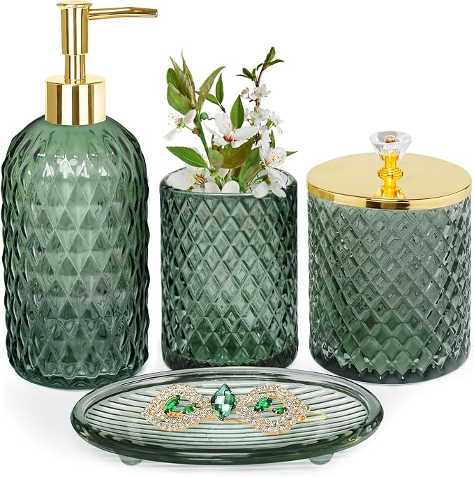 Haturi Glass Bathroom Accessories Set, Sage Green Bathroom Set, 4 Pcs | Kit w/ Bathroom Soap Dispenser Set, Toothbrush Holder, Qtip Holder,Soap Dish, Green Bathroom Decor, Gift for Home Apartment