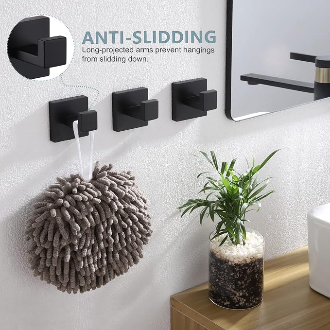 KOKOSIRI Bath Towel Hook Wall Mounted Square Robe Hook Coat Hook Bathroom Kitchen Garage Heavy Duty SUS 304 Stainless Steel 3 Pack Matte Black B1010BK-P3