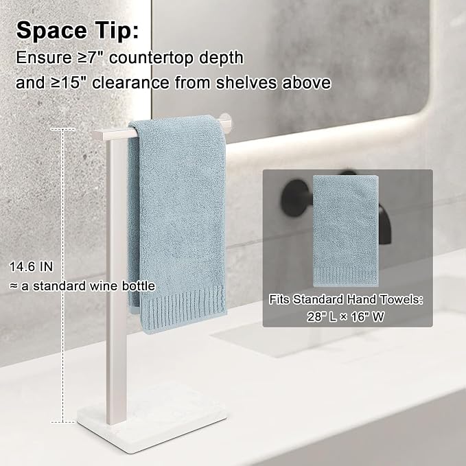 Hand Towel Holder Stand, 14.5" Hand Towel Rack with Weighted Marble Base, 304 Stainless Steel L-Shape Standing Towel Bar for Vanity Bathroom Kitchen Countertop (Brushed Nickel)
