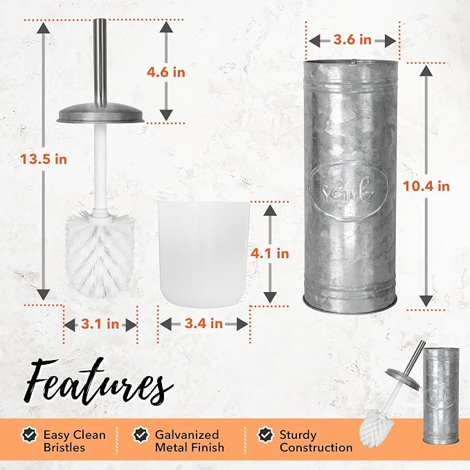 Autumn Alley Rustic Toilet Bowl Brush and Holder, Farmhouse Bathroom Toilet Brush for Farmhouse Bathroom Standing Rustic Toilet Bowl Brush with Holder, Rustic Bathroom Accessory Sets, Galvanized