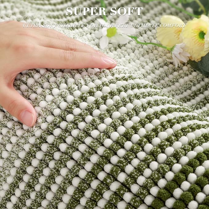 Bathroom Rugs Sets 2 Piece, Non Slip Striped Bath Mats, Sage | 20"x47" Plus 20"x32", Soft Absorbent Chenille, Quick Dry Machine Washable, Shower Rug for Bathroom Floor, Tub, Bedroom Decor