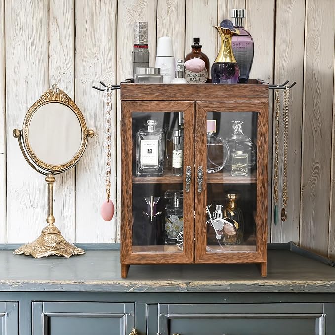 Ikee Design Small Wooden Countertop Storage Cabinet with Adjustable Shelves and Removable Hooks, Perfect for Perfume, Pantry, Essential Oil, 10.4W x 6.1D x 14.4H in, Brown