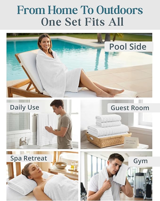 Casa Platino Large Bath Towel Set Absorbent Quick Dry 100% Cotton - White | Cotton Towels - Fade-Resistant Color, Classic Terry Weave, Densely Woven, Coordinated Colors, Dobby Border Accent