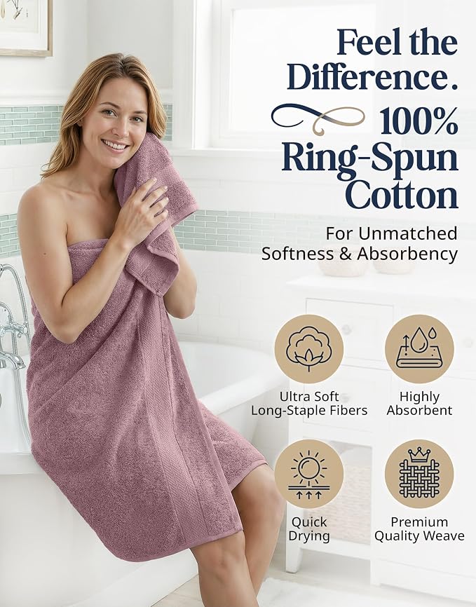 LANE LINEN Bath Towel Set Absorbent Quick Dry 100% Cotton - Wishful Mauve | Cotton Bath Towel Set - OEKO-TEX Certified, Ring-Spun Durability, Terry Weave Comfort, Hotel-Style Look