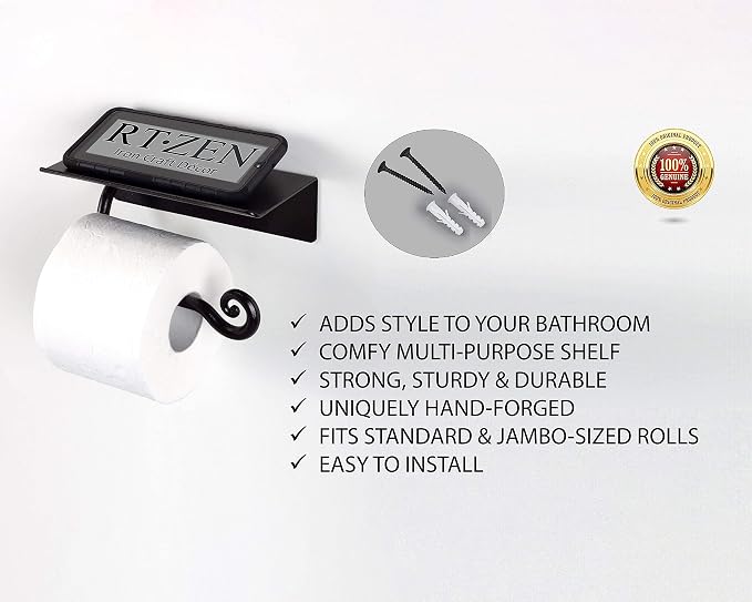 RTZEN Bathroom Toilet Paper Holder with Shelf - Handcrafted Rustic Wrought Iron Wall Decor Toilet Roll Holder - Black Matte Wall Mount Bar for Modern Farmhouse Bathroom Decor