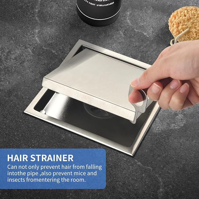 6-Inch Square Shower Drain, Brushed Nickel Floor Drain with Flange, 304 Stainless Steel Bathroom 2-in-1 Tile Drain