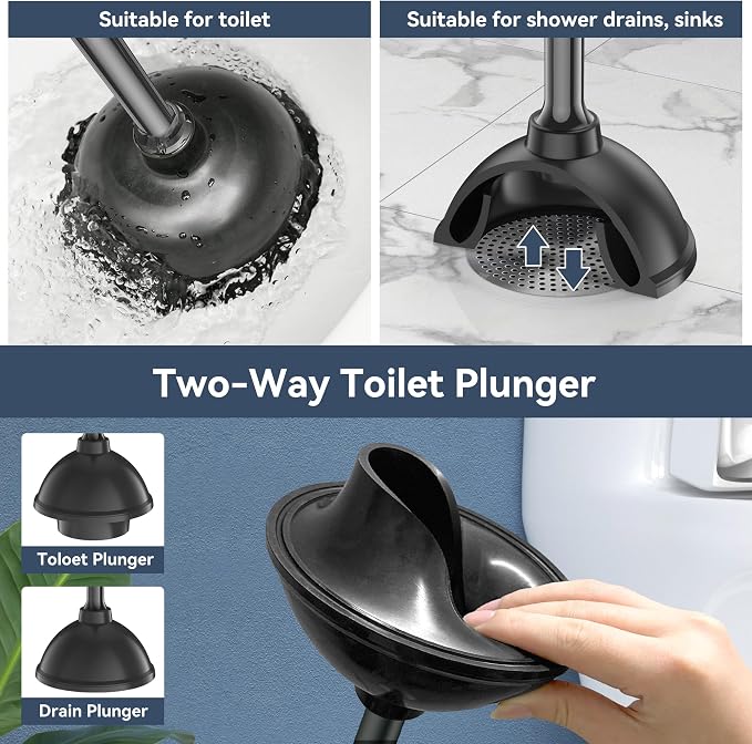 TRENTI Toilet Plunger with Holder, Plunger with Holder for 5.3-inch Toilet Drain, Plungers for Bathroom with Holder, Toilet Plunger Heavy Duty (2, Black)