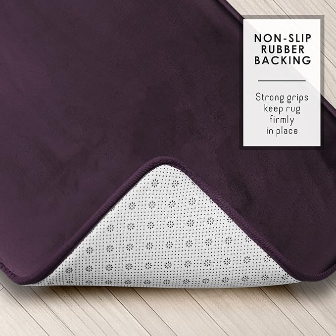 Clara Clark Bathroom Rugs, Velvet Memory Foam Bath Mat, Non-Slip, Machine Washable Bath Rugs - Dries Quickly, Ultra Soft Plush Bath Mats for Bathroom, 20 x 32, Dark Purple