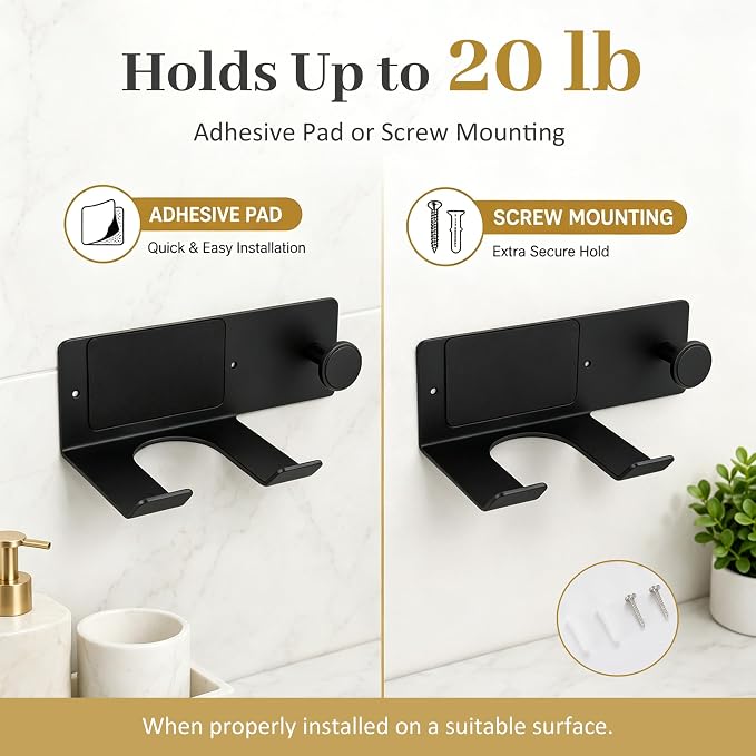 BVL Matte Black Hair Dryer Holder Wall Mount, Aluminum Blow Dryer Rack with Protective Contact Pad, Adhesive Pad & Screws Included, Renter Friendly Bathroom Organizer