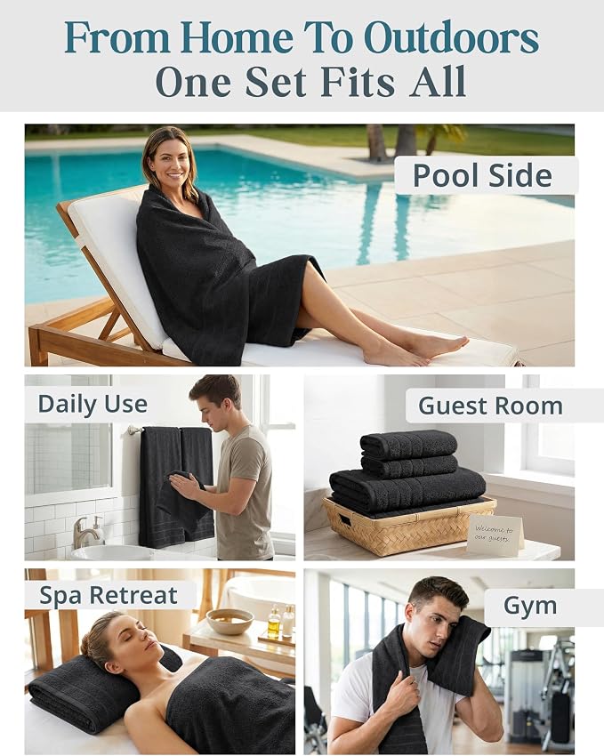 Casa Platino Bathroom Towel Set 8 Piece Soft Absorbent Quick Dry - Black | Cotton Towel Set - Coordinated Colors, Dobby Border Accent, OEKO-TEX Certified, Ring-Spun Durability, Ring-Spun Cotton