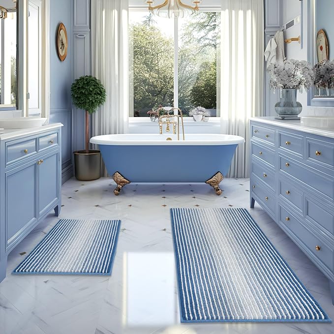 Bathroom Rugs Sets 2 Piece, Non Slip Striped Bath Mats, Sky Blue | 20"x60" Plus 20"x32", Soft Absorbent Chenille, Quick Dry Machine Washable, Shower Rug for Bathroom Floor, Tub, Bedroom Decor