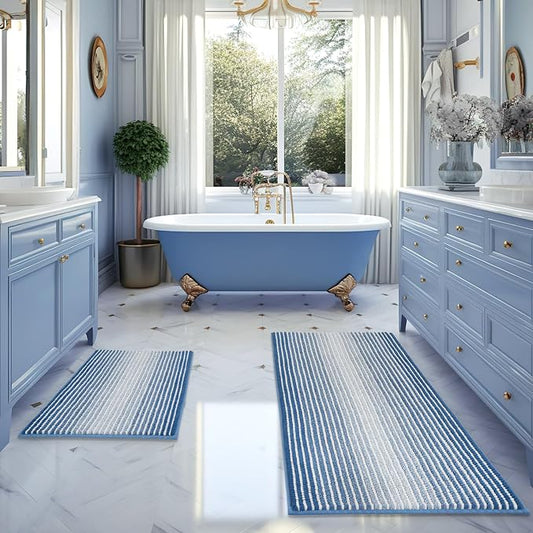 Bathroom Rugs Sets 2 Piece, Non Slip Striped Bath Mats, Sky Blue | 20"x60" Plus 20"x32", Soft Absorbent Chenille, Quick Dry Machine Washable, Shower Rug for Bathroom Floor, Tub, Bedroom Decor