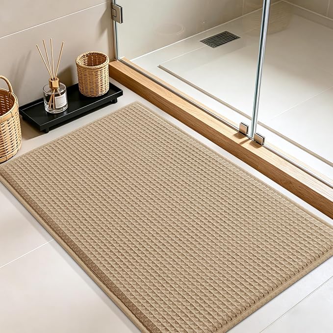 ACCUMTEK Memory Foam Bath Mat, Ultra Soft Absorbent Waffle Bathroom Rugs, Super Non-Slip PVC Backing Bath Rug Quick Dry, Machine Washable Rug for Tub, Shower, Home Decor Accessory, 24" x 17", Beige