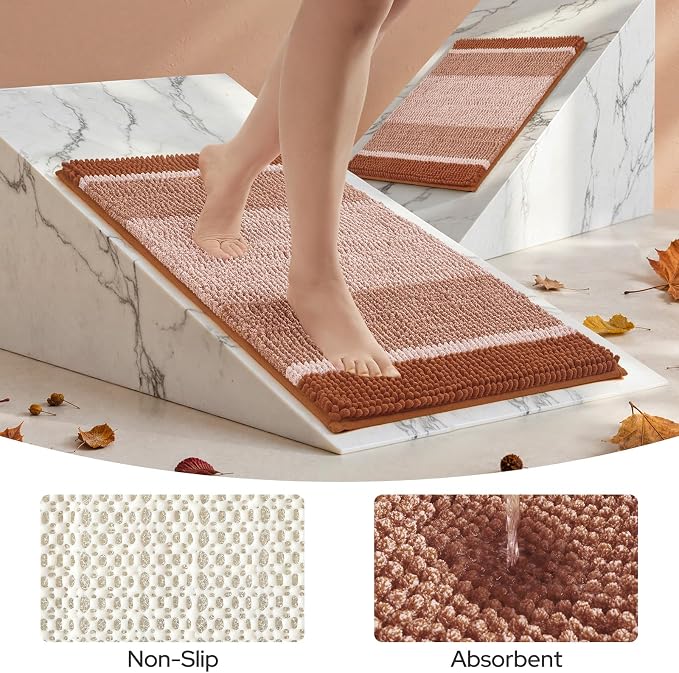 HOMEIDEAS Burnt Orange Bathroom Rugs Set, Chenille, 20"x32"+17"x24" | Non Slip Absorbent Bath Mats, Fluffy Striped Chenille Soft Shaggy Bath Rugs for Bathroom Floor and Tub, Machine Washable