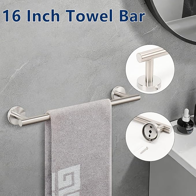NearMoon Bathroom Accessories Set 6 Pieces, SUS304 Stainless Steel Bathroom Hardware Set, Shower Towel Rack for Kitchen, Towel Holder Wall Mounted (16 Inch, Brushed Nickel)