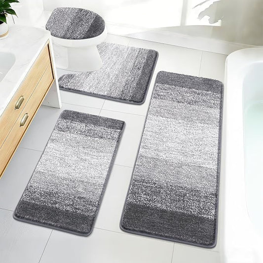Bsmathom Bathroom Rug Set 4 Piece, Plush Microfiber Bath Mat, Grey | Extra Water Absorbent, Non Slip Washable Runner Bath Rugs with Toilet Lid Cover and U-shaped Contour Toilet Mat