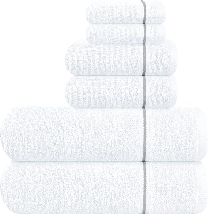 MyOwn Ultra Soft 6 Pack Cotton Towel Set, Contains 2 Bath Towels 28x55 inch, 2 Hand Towels 16x24 inch & 2 Wash Coths 12x12 inch, Ideal Everyday use, Compact & Lightweight - White
