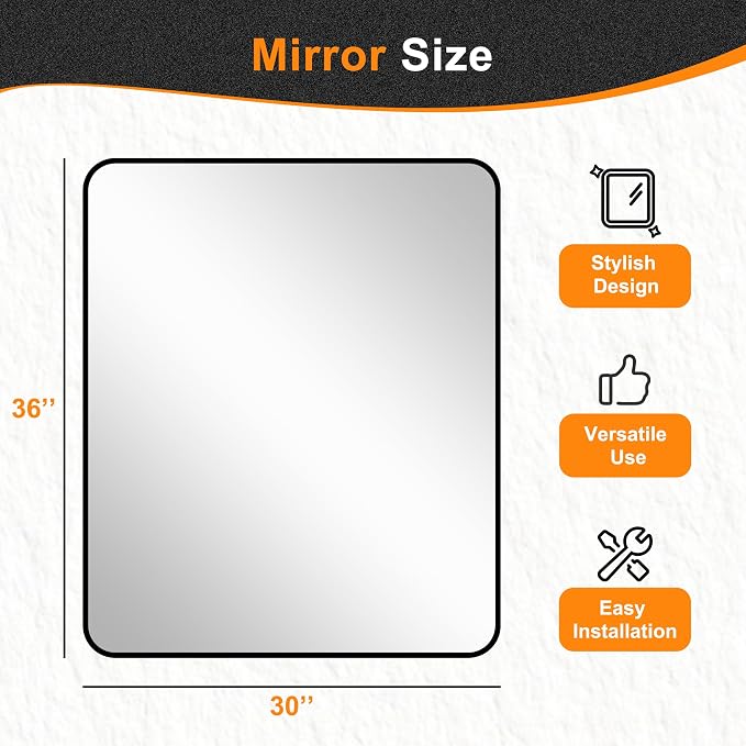 Delma Bathroom Vanity Mirror, Black Framed Mirror for Over Sink, 36x30 | HD glass, distortion-free for makeup and grooming, Sturdy frame, all mounting hardware, hangs horizontal or vertical