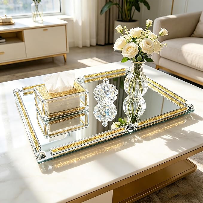 Large Mirror Perfume Tray for Dresser,Crushed Diamond Filled Glass Vanity Tray,Gold Decorative Bathroom Tray,Crystal Tray for Home Decorative,Party,Hotel Banquet,15.7x11.8x1.4inch,Gold