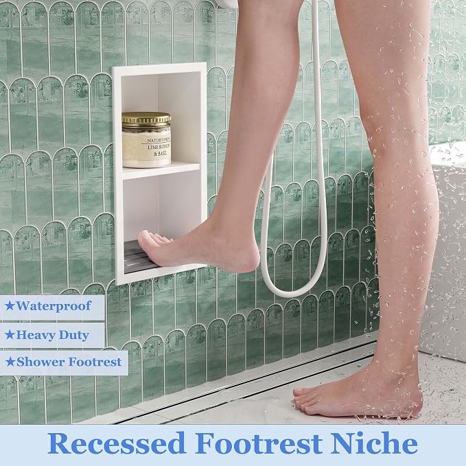 Neodrain Shower Foot Rest for Shaving Legs, 304 Stainless Steel Shower Niche, Recessed Shower Step for Shaving Legs,Niche for Shower Wall, Bathroom Foot Rest (White, 12.3"x 6")
