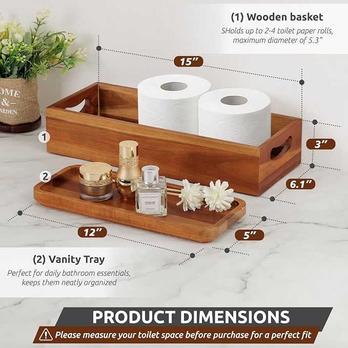 DEMIGO Toilet Tank Topper & Vanity Tray, Natural Acacia Wood Decor Set | 2-Pack Storage Tray, Handmade Wooden Tank Basket Cover for Bathroom, Kitchen, Home & Spa, Smooth Durable Artisan