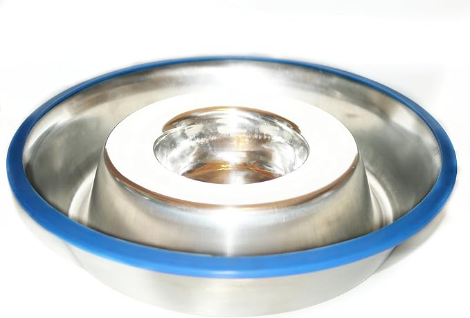 Mr. Peanut's Stainless Steel Interactive Slow Feed Dog Bowl with a Blue Silicone Base, Fun Healthy Bloat Stop Feeder (Medium)