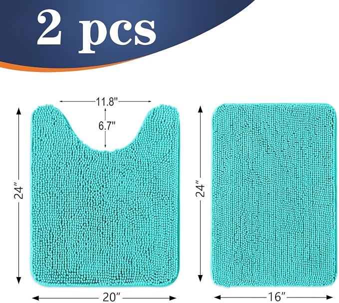 OLANLY Chenille Bathroom Rugs Mats Sets 2 Piece, 24"x16"+24"x20", Teal | Soft Absorbent Bath Mat and U-Shaped Contour Toilet Rug Set, Quick Dry, Machine Washable Bath Carpet, Home Decor Accessories
